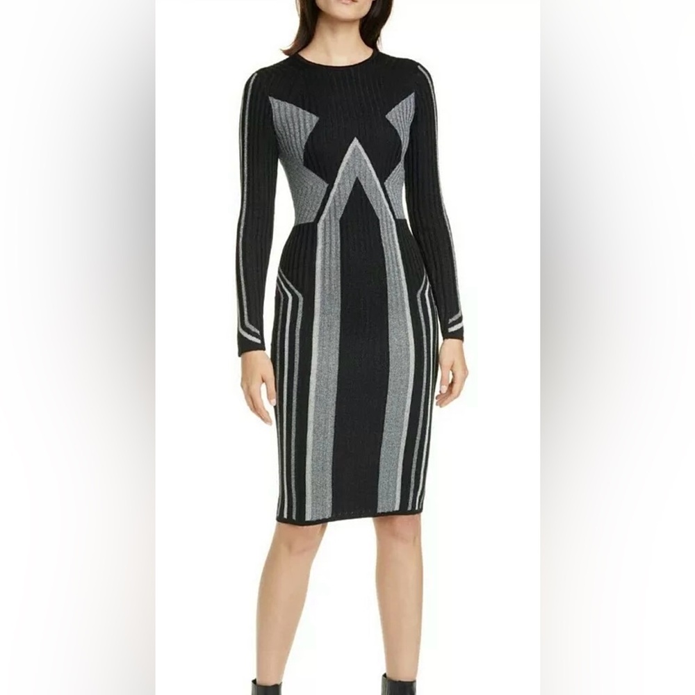 Ted Baker HESIAA Long Sleeve Knitted Bodycon Metallic Black Silver Dress Sz 0
